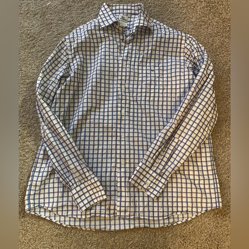 Lacoste Men's Blue Checkered Button Down Long Sleeve Shirt.42(XL).France/Romania